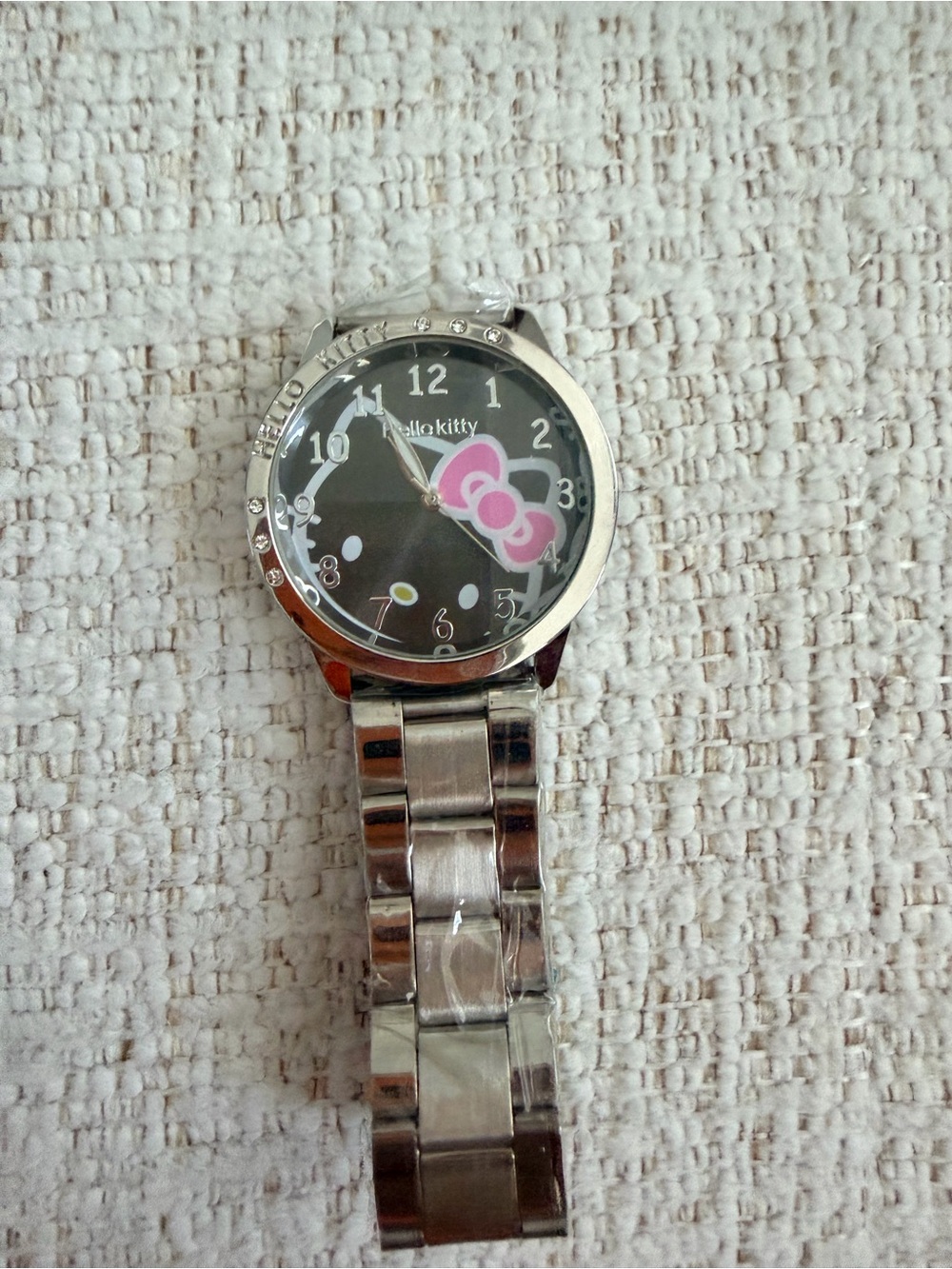 Hello Kitty Pink Bow Black Dial Stainless Steel Bracelet Watch